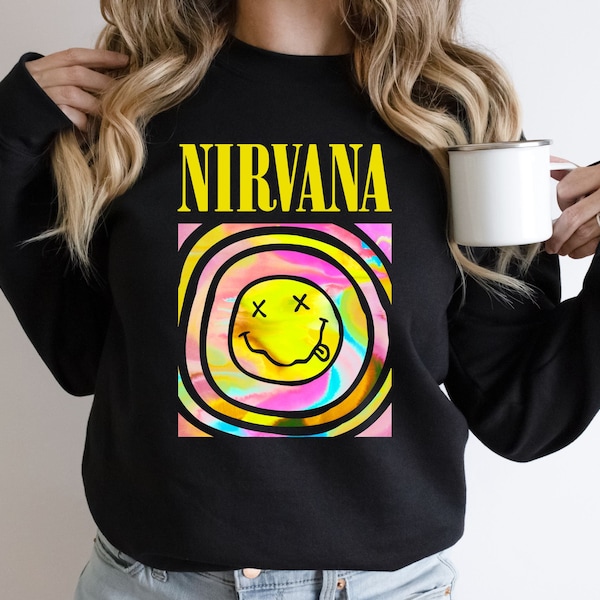 Nirvana Sweatshirt, Nirvana Smile Face Crewneck Sweatshirt, Nirvana Smiley Face Hoodie, Trendy Sweatshirt, Gift Valentine's Day For Girls