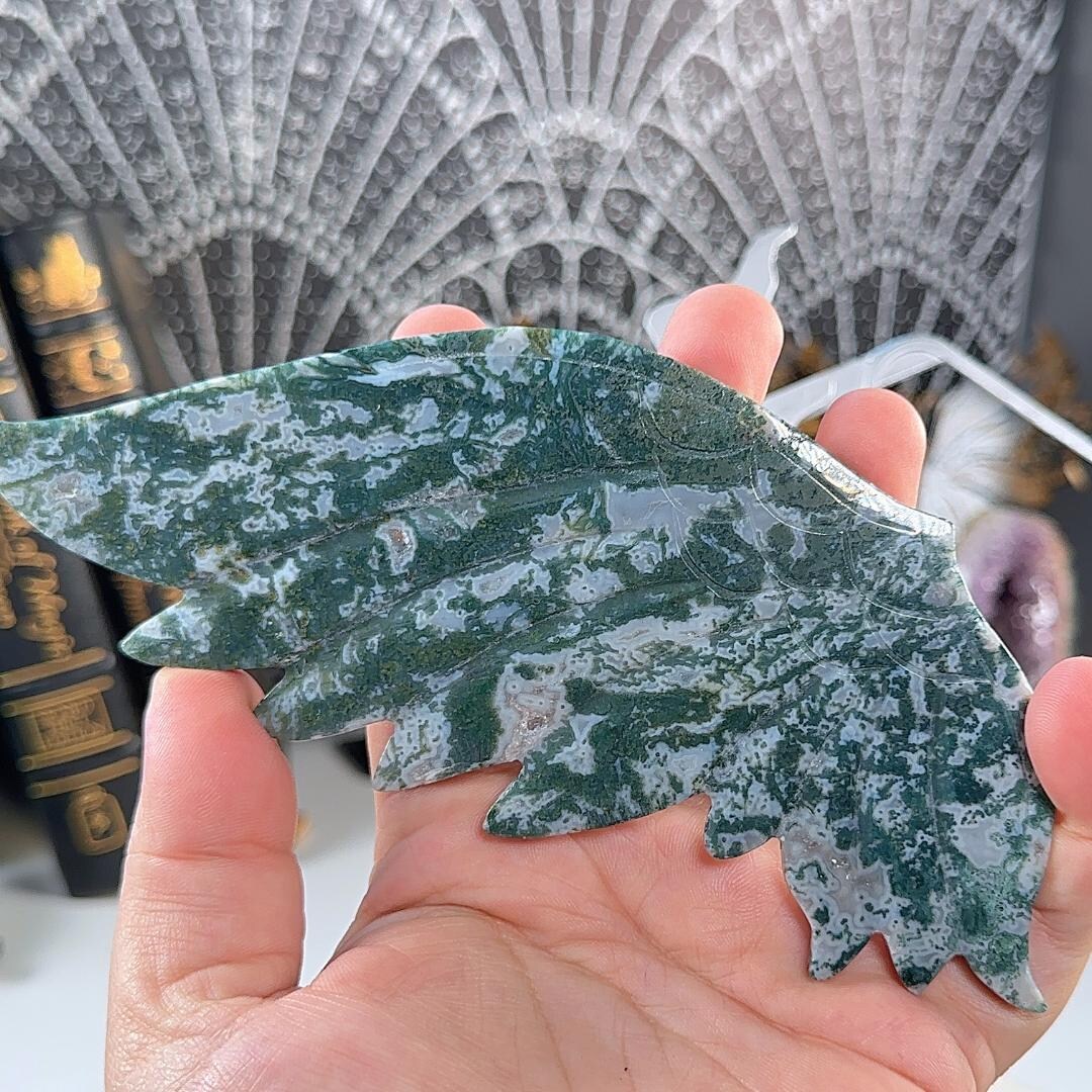Druzy Green Moss Agate Angel Wings | Crystal Carving Statement Piece ...