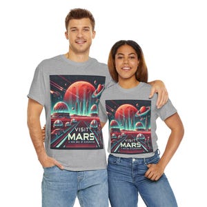 Visit Mars Retro Sci-Fi T-Shirt - Total Recall Inspired Crew Neck Tee - Cyberpunk Space Graphic Shirt - Vintage Mars Colony Gift