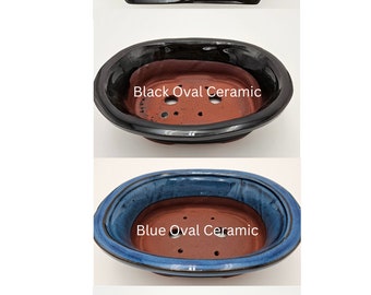 May include: Four ceramic bonsai pots in different colors and shapes.  The pots are black, blue, and dark blue.  The pots are oval and rectangular.  The text on the pots reads "Black Quince Ceramic", "Black Oval Ceramic", "Blue Oval Ceramic", and "Dark Blue Ceramic".