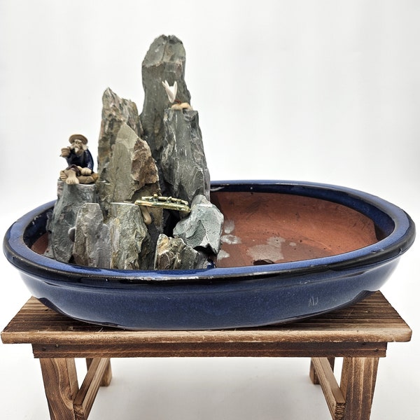 Blue Oval Fisherman ceramic pot for Garden decor Thanksgiving gift for bonsai lover Indoor Garden Decor Accy Bonsai Repotting Accessory Gift