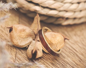 Auren Gold Wooden Ring 4 mm • Unisex Wooden Ring with Ironwood • Waterproof & Handmade • Wooden Wedding Ring, Engagement Ring with Natural Wood