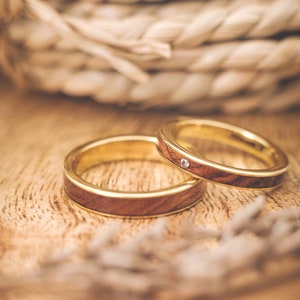 Partner rings wood with stone in gold fablano - as a wooden wedding ring set - wedding rings wood - wooden rings wedding - engagement rings wood gold