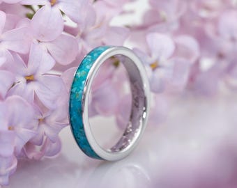 Turquoise ring, white gold Luvia, 4 mm • Tungsten ring • Waterproof & handmade • Wedding ring, engagement ring, turquoise for women and men