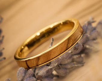 Olea Gold 4 mm Wooden Ring • Unisex Olive Wood Ring • Waterproof & Handmade • Wooden Wedding Ring Engagement Ring with Natural Wood
