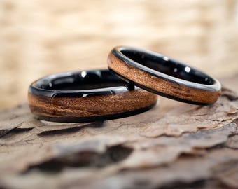 Elano Black Wooden Partner Rings, 4 mm & 6 mm • Real Wood Wedding Rings • Waterproof and Handmade • Wooden Wedding and Engagement Rings Set