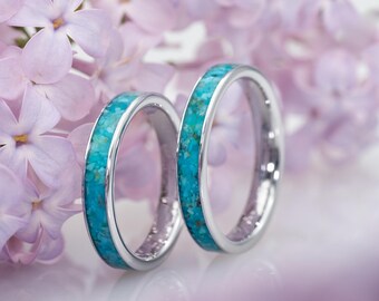 Turquoise Wedding Rings White Gold Luvia Set 4 mm • Wedding Rings with Turquoise • Waterproof & Handmade • Engagement Rings Partner Rings Women Men