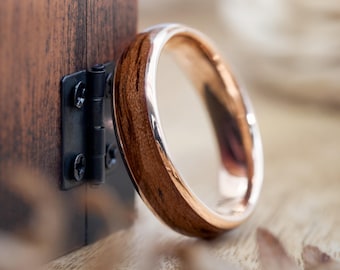 Elano rose gold ring, 6 mm • Real wood ring • Waterproof & handmade • Wooden wedding band, engagement ring • For women and men
