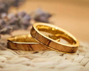 Wooden Wedding Rings Gold Olea Set 4 mm • Wedding rings with olive wood • waterproof & handmade • Engagement rings, wooden partner rings set, durable