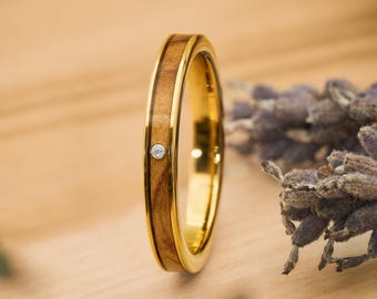 Women's wooden ring Olea with 3 mm stone • Handmade olive wood ring • Waterproof & durable • Wooden wedding ring, engagement ring, gift
