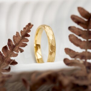 May include: A gold ring with a textured surface stands upright against a white background, flanked by brown fern leaves. The ring's surface has a hammered appearance, catching the light. The ring is a piece of jewelry.