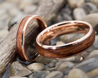 Wooden partner rings in rose gold, Elano 4 mm & 6 mm • Wooden wedding bands • Waterproof and handmade • Wooden wedding rings and engagement rings for women and men