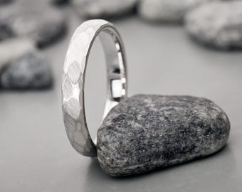 Luna white gold ring, 3.5 mm • Hammered women's ring • Waterproof & handmade • Wedding ring, engagement ring for women and men