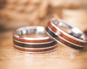 Lioran Silver Wooden Wedding Rings 6 mm & 8 mm • Wooden wedding rings with koa and ebony • Waterproof and handcrafted • Wooden partner rings for women and men