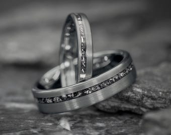 Nova Graphite Partner Rings 3.5 mm & 6 mm • Meteorite Wedding Rings • Waterproof • Engagement Ring Set • Unique Wedding Rings • Unisex Meteorite Rings