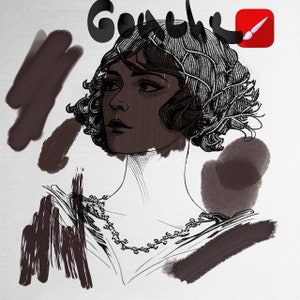 May include: A black and white illustration of a woman with short, wavy hair. She is wearing a necklace and a dress. The image is surrounded by brown brushstrokes.