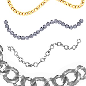 May include: Four different types of chains, including a gold chain, a silver chain, a chain with round silver links, and a chain with round silver links with small diamonds.