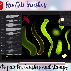 May include: A digital tablet displaying a variety of colorful graffiti brushes and stamps. The tablet is on a light pink background with a stylus next to it. The text "Graffiti brushes" and "Infinite painter brushes and stamps" are visible on the screen.