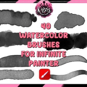 Puede incluir: Pinceles digitales de acuarela para Infinite Painter. La imagen presenta trazos de pincel de acuarela negros y el texto "40 WATERCOLOR BRUSHES FOR INFINITE PAINTER" en rosa. El logotipo de Kipzis Brush Shop está en la esquina superior izquierda.