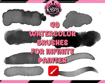 May include: Digital watercolor brushes for Infinite Painter. The image features black watercolor brush strokes and the text "40 WATERCOLOR BRUSHES FOR INFINITE PAINTER" in pink. The logo for Kipzis Brush Shop is in the top left corner.