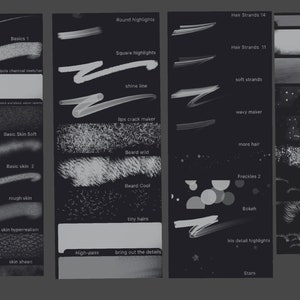 May include: A digital art brush set with 14 different brush tips. The brush tips are displayed in rows with their names listed above each row. The brush tips include round highlights, square highlights, shine line, lips crack maker, beard wild, beard cool, tiny hairs, hair strands 14, hair strands 11, soft strands, wavy maker, more hair, freckles 2, bokeh, iris detail highlights, stars, watercolor, smudged eyeliner, blurred eyeliner, glitters 2, glitters, sparkle and shine, lashes, and eyelashes.