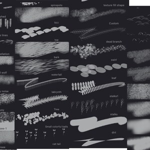 May include: A collection of 24 different brush stroke textures in black and white. The textures include dashed lines, little lines, constellation, wild wolf, funny noise, busy, noisee-1, noisee, spinspots, bzz, top, bark, waterfall, labrynth, tree, cat tail, texture fill shape, custom, dead branch, swirl, leaf, stalkst, stalks, dirt, circles, cotton, 3 little pigs, grain.