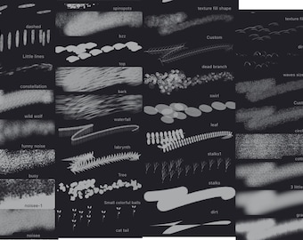 May include: A collection of 24 different brush stroke textures in black and white. The textures include dashed lines, little lines, constellation, wild wolf, funny noise, busy, noisee-1, noisee, spinspots, bzz, top, bark, waterfall, labrynth, tree, cat tail, texture fill shape, custom, dead branch, swirl, leaf, stalkst, stalks, dirt, circles, cotton, 3 little pigs, grain.