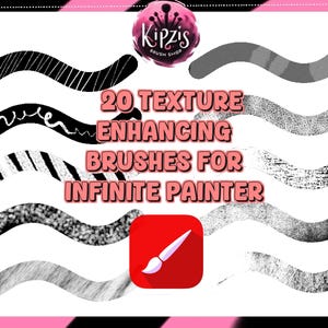 Puede incluir: Gráfico de arte digital con 20 pinceles para mejorar la textura para Infinite Painter. La imagen muestra varios ejemplos de trazos de pincel en negro, blanco y gris, con el icono de la aplicación en la esquina inferior derecha. El texto dice "20 Texture Enhancing Brushes for Infinite Painter".