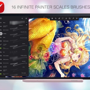 Könnte beinhalten: Ein digitales Tablet zeigt eine Zeichen-App mit 16 "Infinite Painter Scales Brushes" und einer Meerjungfrauen-Illustration. Das Tablet liegt auf einer hellblauen Oberfläche mit einem rosa Stift daneben.