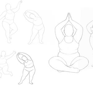 Op de afbeelding: Lijntekening van vijf figuren in verschillende yogaposes. De figuren zijn allemaal getekend in een eenvoudige, minimalistische stijl, zonder gezichtskenmerken of details. De poses omvatten een staande vooroverbuiging, een zittende meditatiepose, een staande zijwaartse buiging en een staande draai.