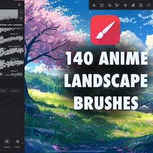 Può includere: Un'illustrazione digitale di un paesaggio con un albero di ciliegio in fiore, colline verdi e un cielo blu con nuvole bianche. Il testo "140 ANIME LANDSCAPE BRUSHES" è sovrapposto all'immagine.