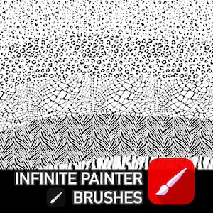 Może przedstawiać: Zestaw trzech cyfrowych wzorów pędzli do użycia w programach do grafiki komputerowej. Wzory to wzór lamparta, skóra krokodyla i pasy zebry. Tekst "INFINITE PAINTER BRUSHES" znajduje się na dole obrazu.