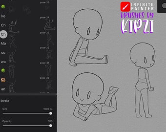May include: Three line drawings of a chibi character in different poses. The character is sitting with legs crossed, lying on their stomach, and standing with their arms at their sides. The drawings are in black and white on a gray background.