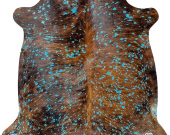 100% Genuine Leather Cowhide Rug in Turquoise Devore on Brindle | Large 6' x 7' | Best Price Guaranteed