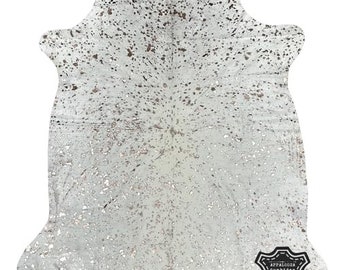 100% Genuine Leather Cowhide Rug in Metallic Gold Rose Devore on white |Large 6'x7'| Best Price Guaranteed.
