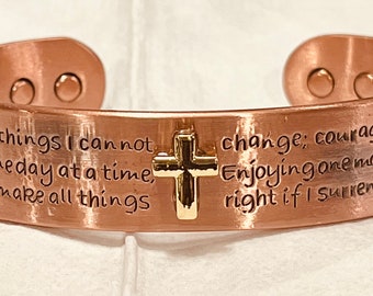 Copper Magnetic Bracelet: Engraved Serenity Prayer, Unisex Therapy Jewelry