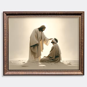 May include: A painting depicting a man in a white robe touching the forehead of a kneeling man with his hand. The background is a light brown color with a faint glow.
