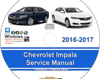 May include: A CD-ROM with a blue and white design featuring two Chevrolet Impala cars. The disc includes the text "Chevrolet Impala Service Manual" and "2016-2017", along with Windows compatibility information.