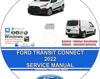 May include: A white Ford Transit Connect service manual disc for 2022 models. The disc is compatible with Windows 7, 8, 10, and 11, as well as Mac OS. It includes wiring diagrams and an owner's manual.