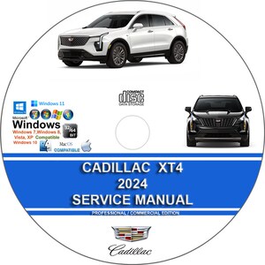 May include: A white Cadillac XT4 2024 service manual on a compact disc. The disc is compatible with Windows 7, 8, 10, 11 and Mac OS. The disc is labeled with the Cadillac logo and the text "Professional/Commercial Edition".