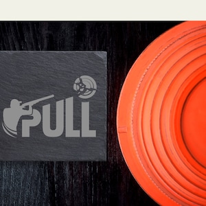 PULL | ENGRAVED Wooden or Slate Coasters | Custom-made | Trap | Clay | Skeet shooting Competition Set of 4