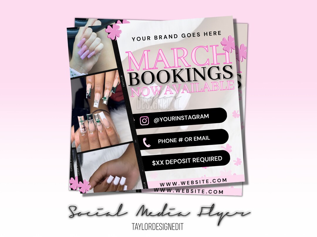 Nail Tech Social Media Flyer March Book Now Canva Template Etsy