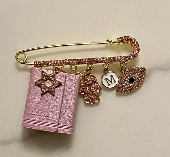 Jewish Charms Gold Baby Safety Pin in 14K Gold | Izakov Fine  Jewish stroller evil eye protection pin display picture 1