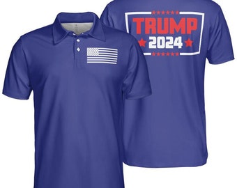 Trump 2024 Polo Blue Short Sleeve Moisture Wicking Blue Polo Shirts for Men, Mens Polo, Patriotic Polo, USA Polo, Gift for Him, Trump Polo