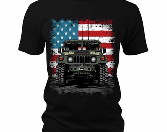 Men's Trendy Military Truck USA Flag T-Shirts Patriotic Short Sleeve Crewneck Graphic Tees, America, USA, Military, Veteran, Gift for Him