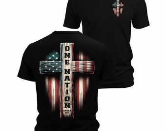 One Nation Patriotic Back Print Shirt, Patriotic Shirt, Gift for Dad, America, USA, Christian, Gift for Him, Men's Graphic Tees, Cross Shirt