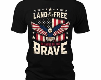 Men's Land Of The Free Because Of The Brave Eagle USA Flag T-Shirts Patriotic Crewneck Graphic Tees, America, USA, Military, Gift for Him