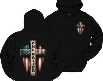 One Nation Under God American Flag Cross Hoodie Patriotic Heavy Blend Hooded Sweatshirt, Christian Hoodie, Christian Shirt, Gifts for Him
