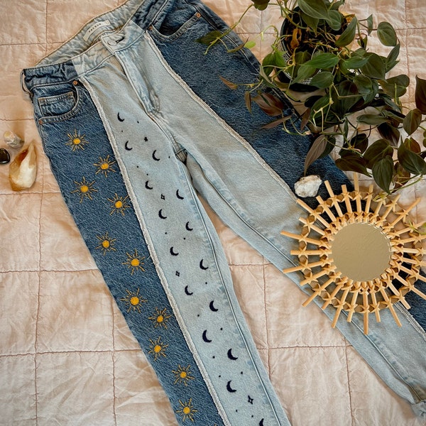 sun & moon hand embroidered two tone jeans