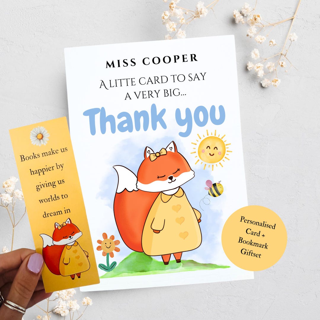 Personalized Fox Thank You Card & Bookmark Gift Set - Etsy